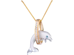 14k 2/tone 20mm "Jumping Loop" Dolphin Pendant with 10 diamonds