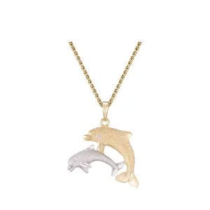 14k 2/tone 22mm "Mother & Calf" Dolphin Pendant with 2 diamonds