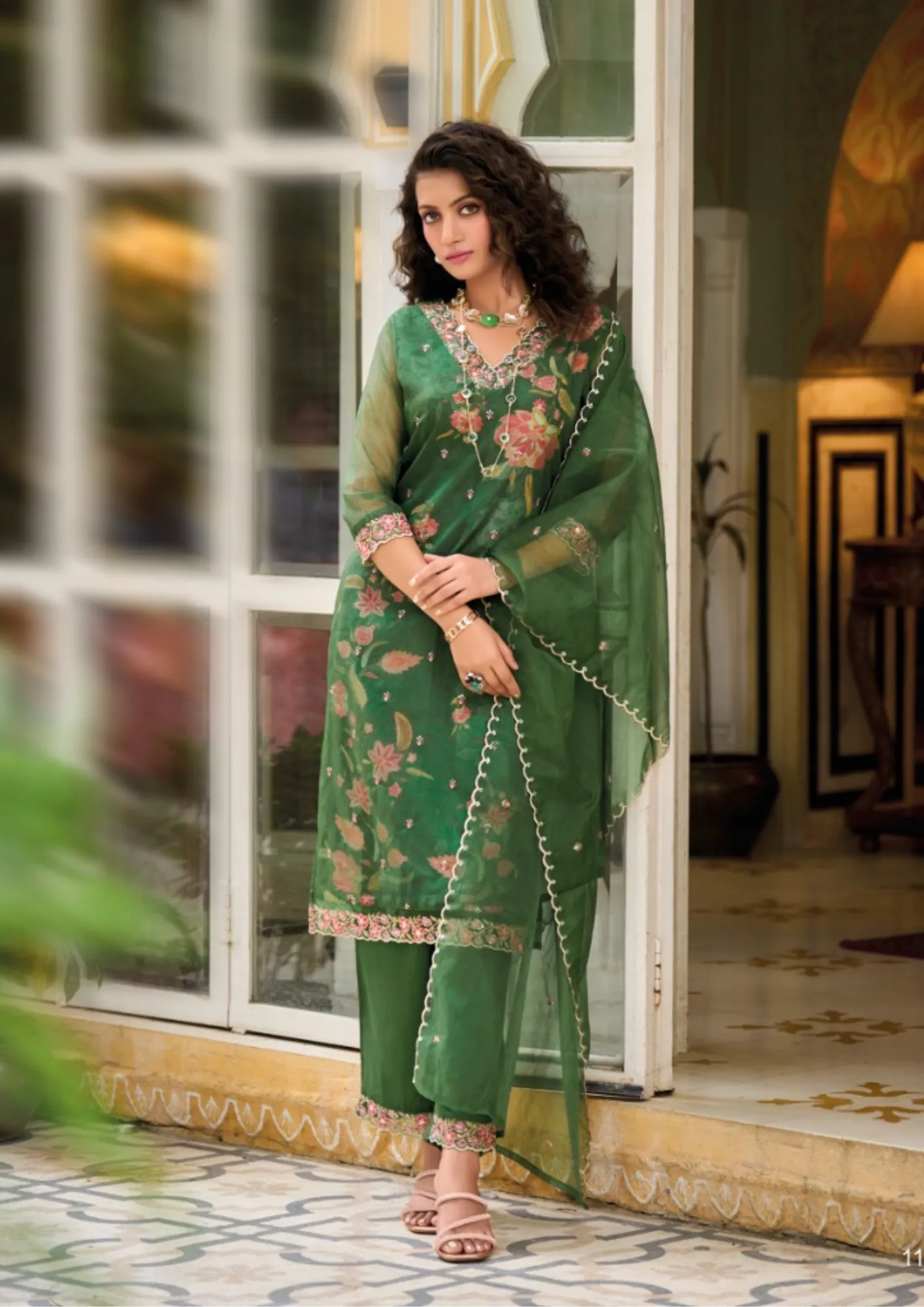 Alluring Green Color Organza Kurti With Embroidery Work With Organza Dupatta