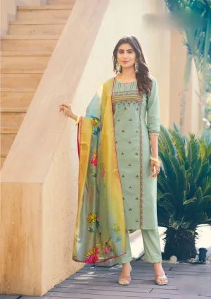 Alluring Pista Green Designer Salwar Suits And Fancy Dupatta With Thread Work