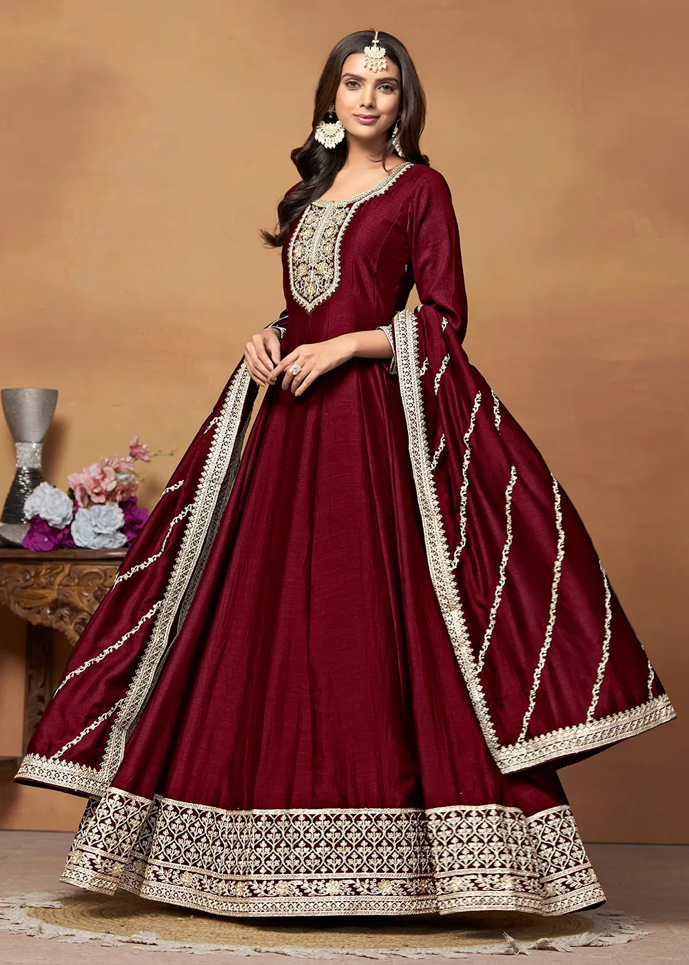 Amazing Art Silk Maroon Embroidered Festive Anarkali Suit