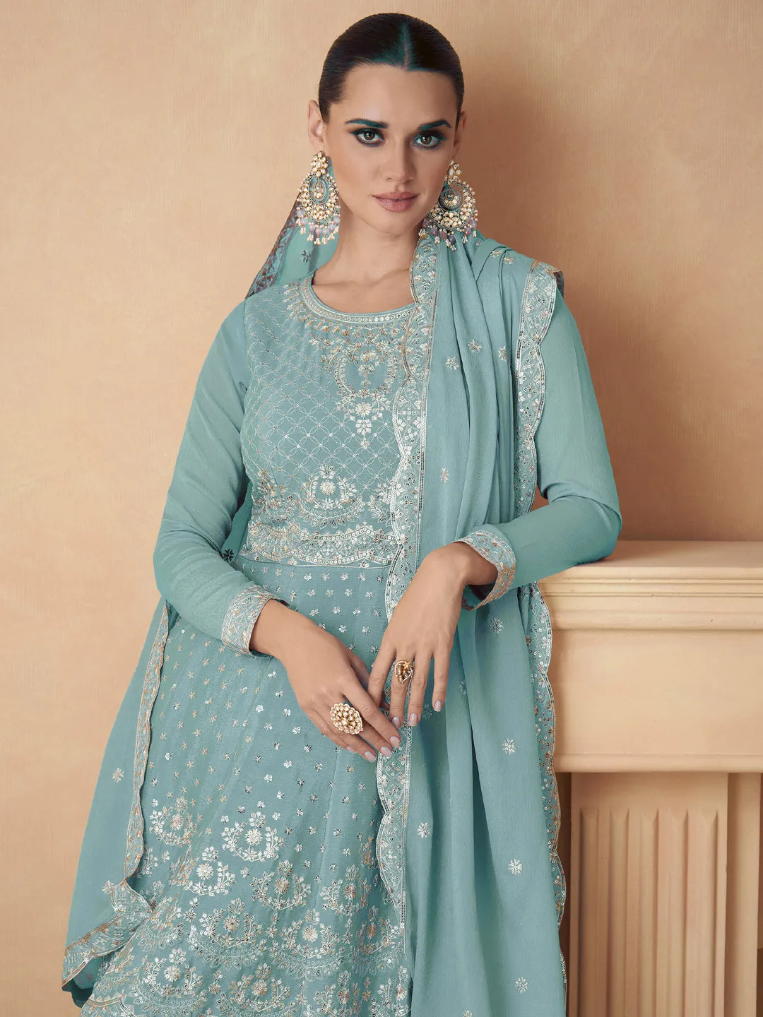 Aqua Blue Designer Readymade Pakistani Sharara Suit With Embroidery Sequins Work