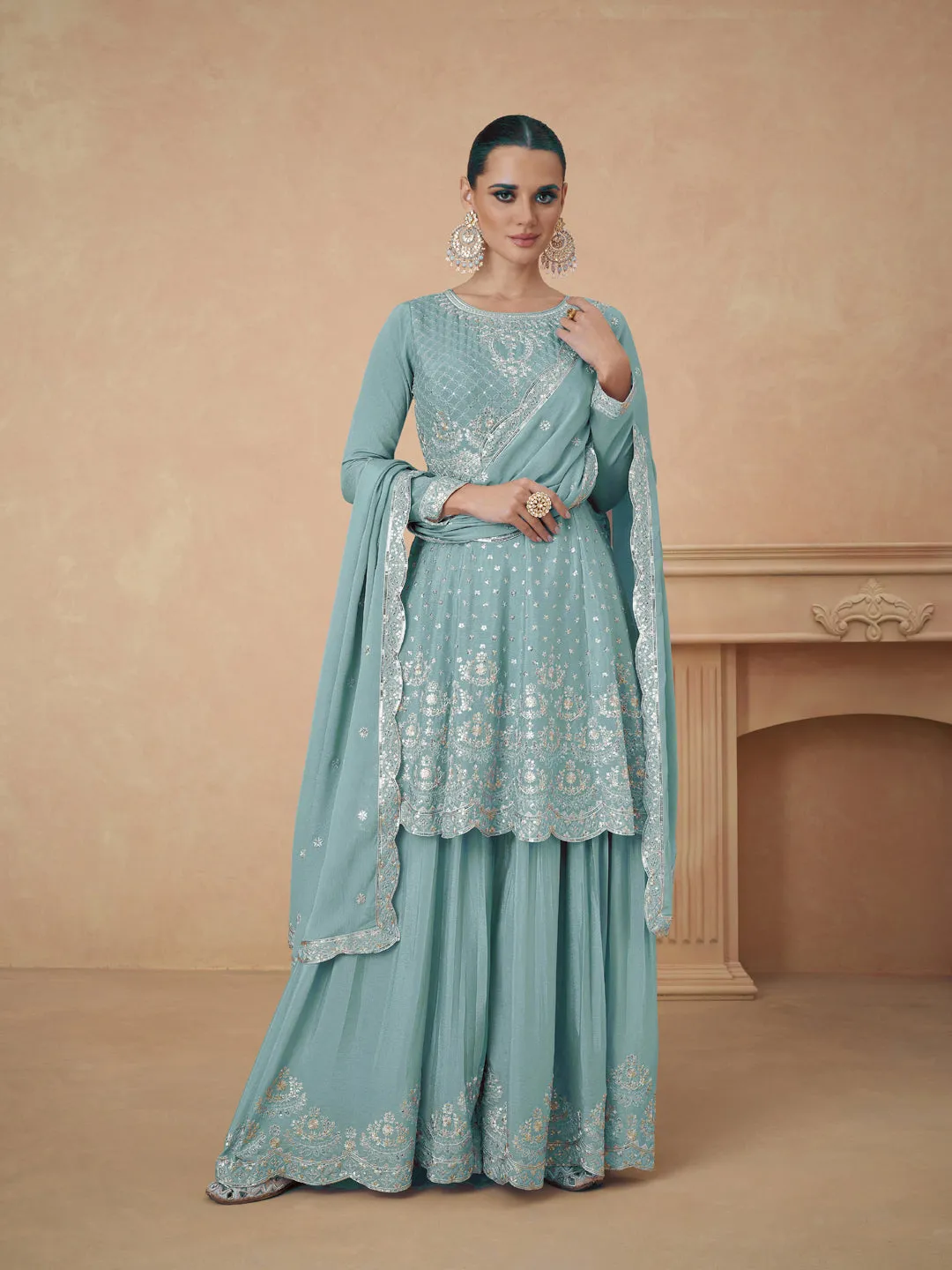 Aqua Blue Designer Readymade Pakistani Sharara Suit With Embroidery Sequins Work