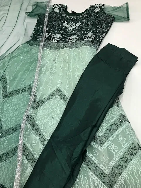 Attractive Green Colored Full Net Embroidery And Sequins Work Kurti With Dupatta Sets