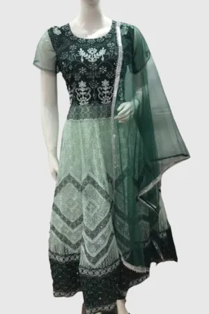 Attractive Green Colored Full Net Embroidery And Sequins Work Kurti With Dupatta Sets