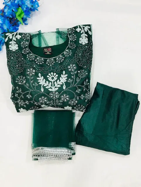 Attractive Green Colored Full Net Embroidery And Sequins Work Kurti With Dupatta Sets