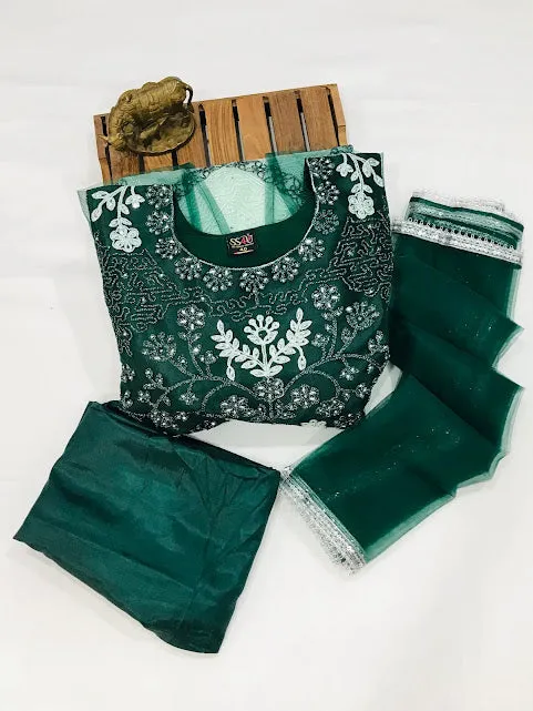 Attractive Green Colored Full Net Embroidery And Sequins Work Kurti With Dupatta Sets