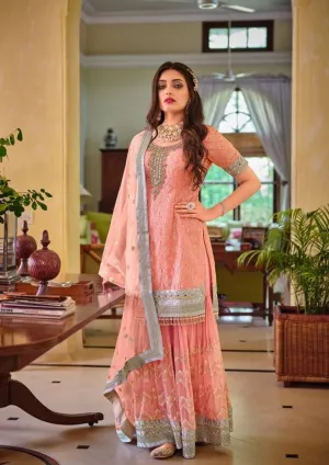 Attractive Peach Color Faux Georgette With Fancy Embroidery Work Palazzo Suits With Dupatta