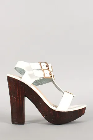 Bamboo Double Buckle T-Strap Faux Wood Heels