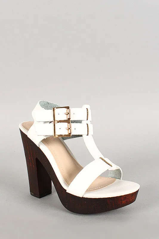 Bamboo Double Buckle T-Strap Faux Wood Heels