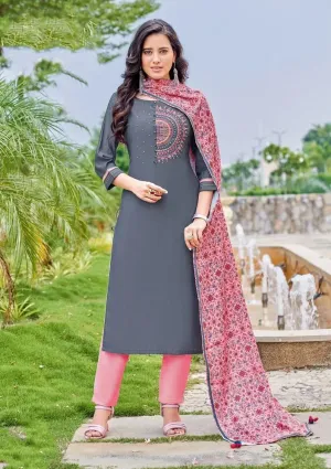 Beautiful Grey Colored Weaving With Hand Work Viscose Salwar Suits For Women