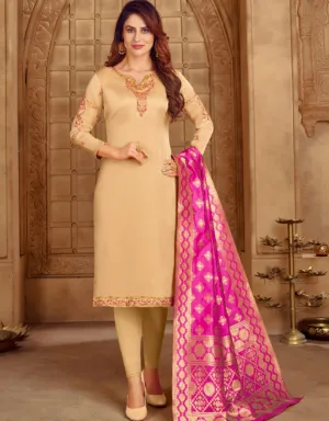 Beige Satin Georgette Chudidar Salwar Suits