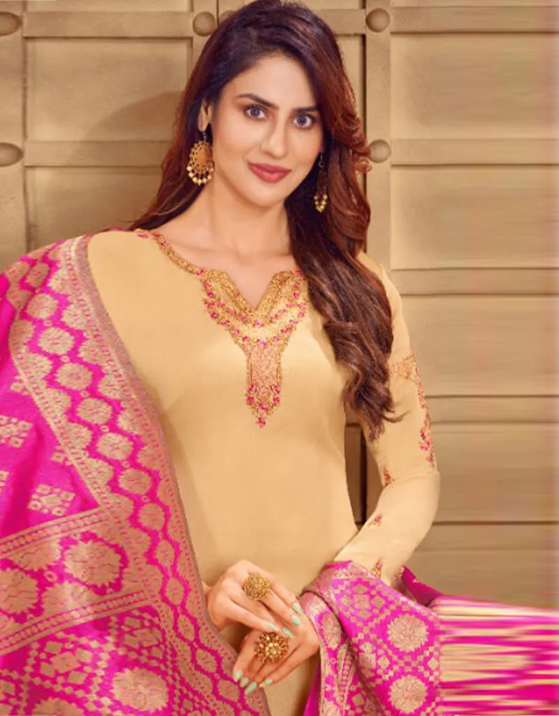 Beige Satin Georgette Chudidar Salwar Suits