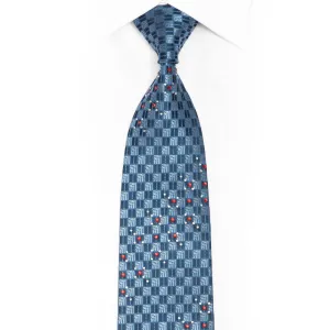 Blue Checkered Rhinestone Silk Tie With Silver Sparkles