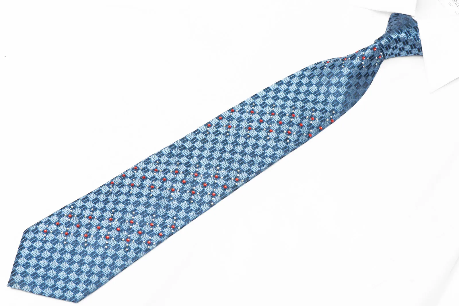 Blue Checkered Rhinestone Silk Tie With Silver Sparkles