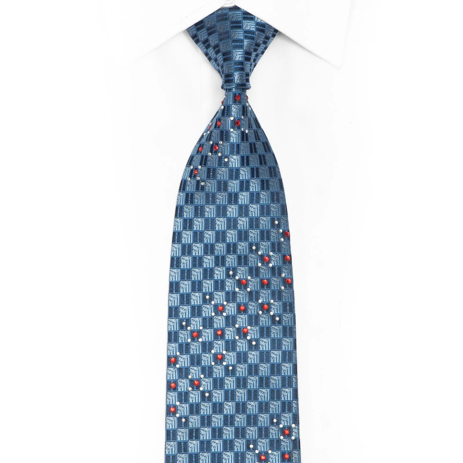 Blue Checkered Rhinestone Silk Tie With Silver Sparkles