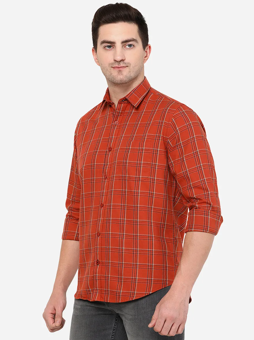 Brunt Orange Checked Slim Fit Casual Shirt | Greenfibre