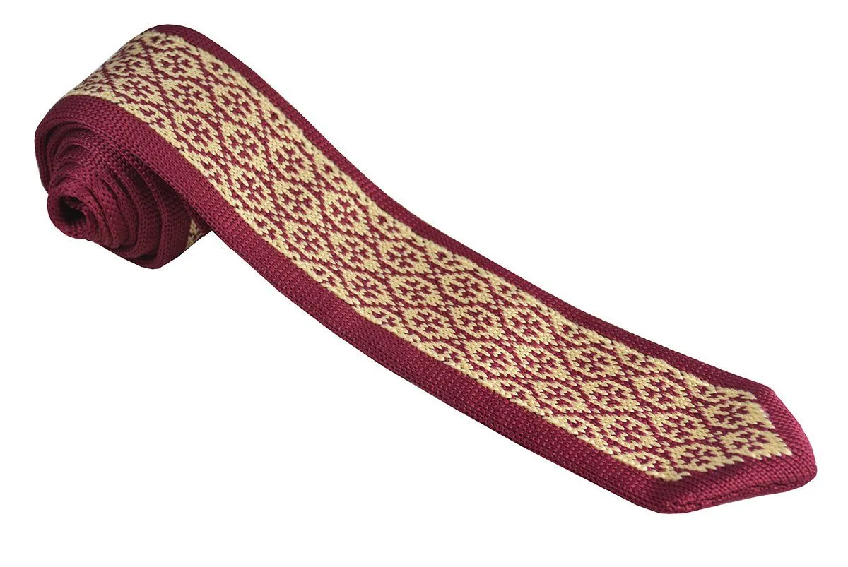 Burgundy and Gold Patterned Knit Tie by Paul Malone