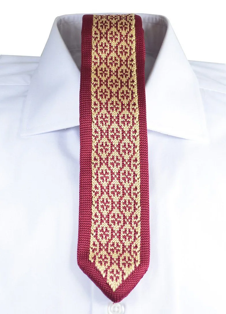 Burgundy and Gold Patterned Knit Tie by Paul Malone