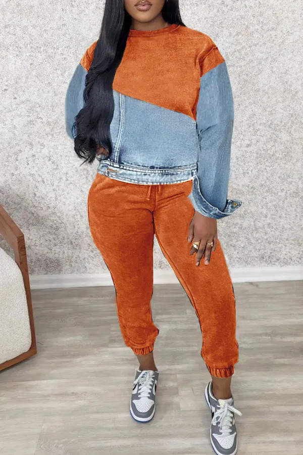 Casual Knitted Patchwork Denim Sweatshirt & Sweatpants Set