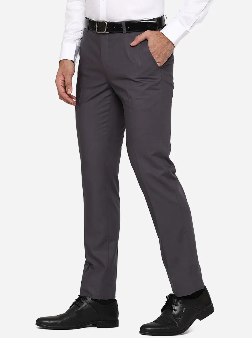 Charcoal Grey Solid Slim Fit Formal Trouser | Metal