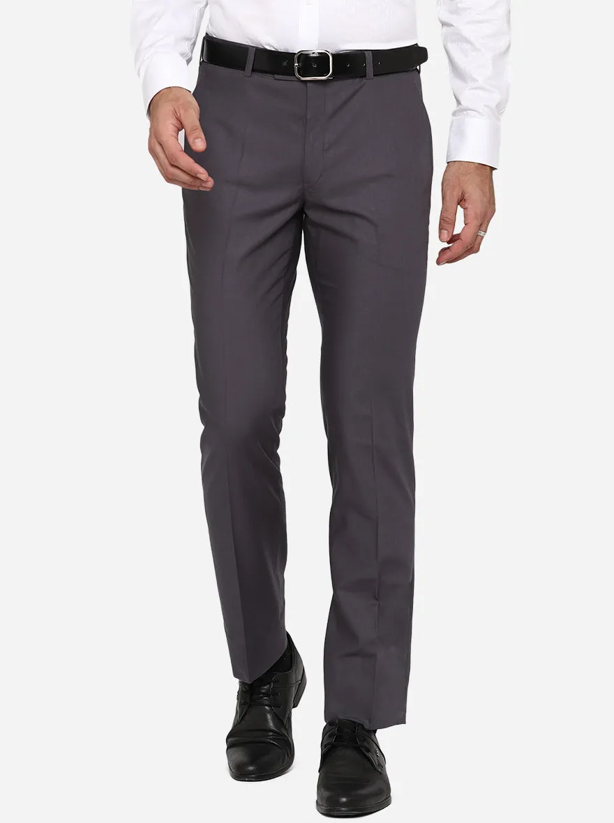 Charcoal Grey Solid Slim Fit Formal Trouser | Metal