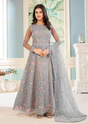 Charming Grey Floral Embroidered Wedding Wear Anarkali Suit