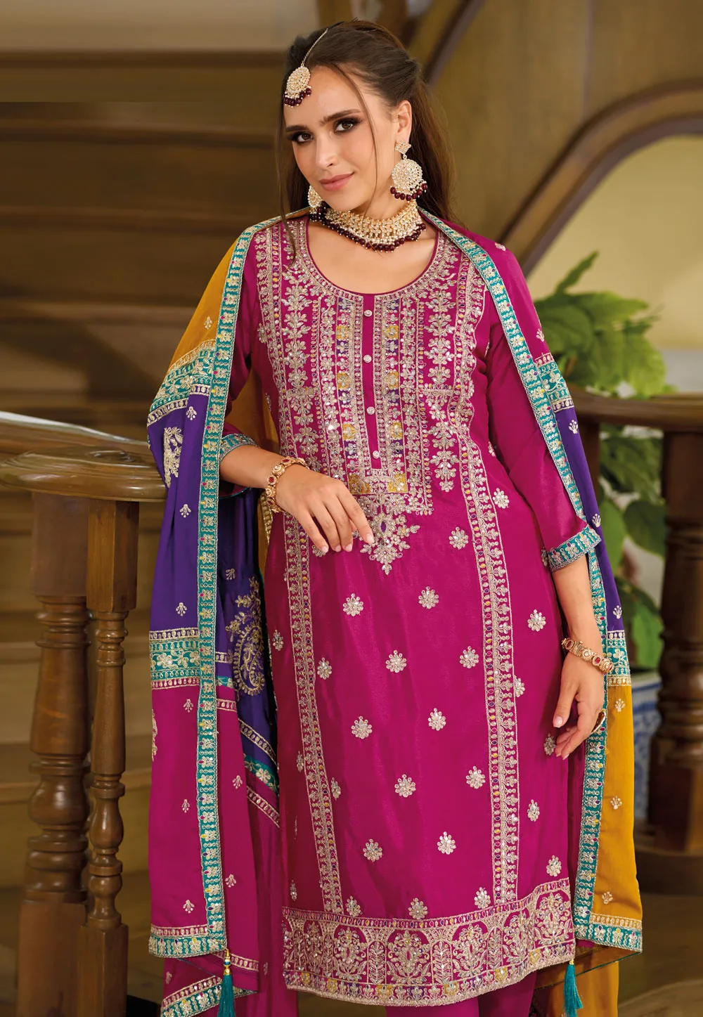 Charming Pink Colored Heavy Chinon Embroidery Work Salwar Suits For Women