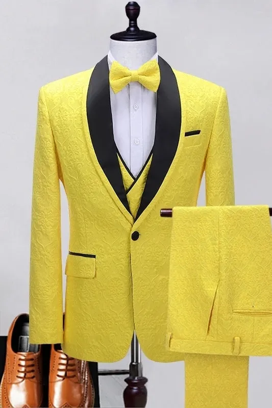 Chic Yellow Shawl Lapel Three Pieces Prom Suits Floral Paisley Jacquard Blazers Set