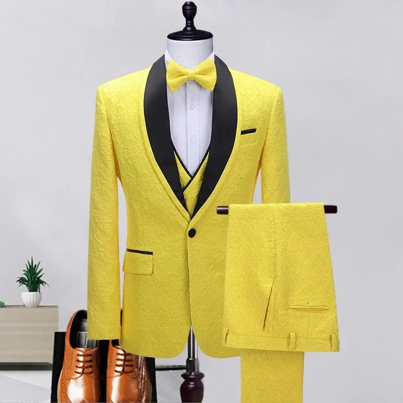 Chic Yellow Shawl Lapel Three Pieces Prom Suits Floral Paisley Jacquard Blazers Set