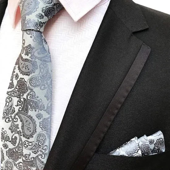 Classy Men White Grey Silver Paisley Silk Tie