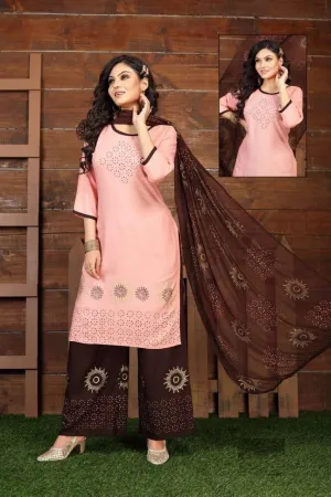 Cool Pink Slub Rayon Printed Round Neck Kurti With Palazzo Pants And Dupatta