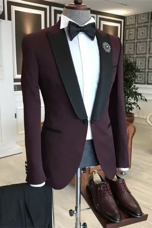 Dark Burgundy Two Pieces Wedding Suits Black Peaked Lapel Prom Suits