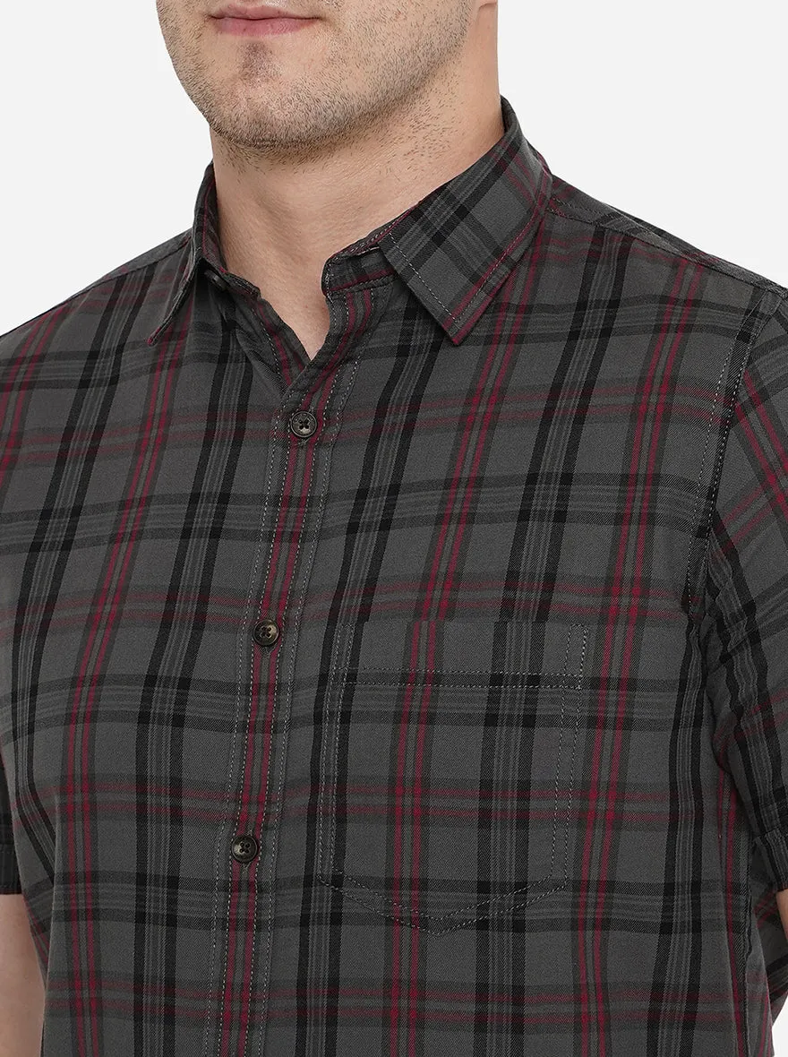 Dark Grey Checked Slim Fit Semi Casual Shirt | JadeBlue