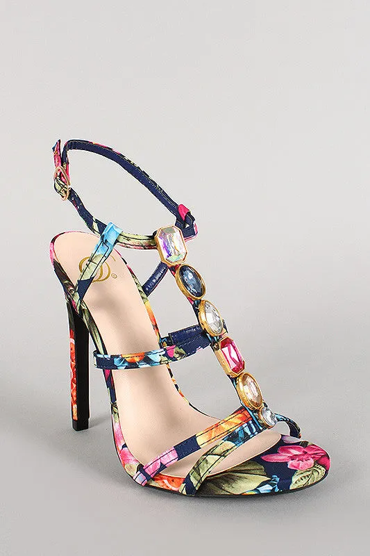 Delicious Floral Jeweled Caged Open Toe Heel