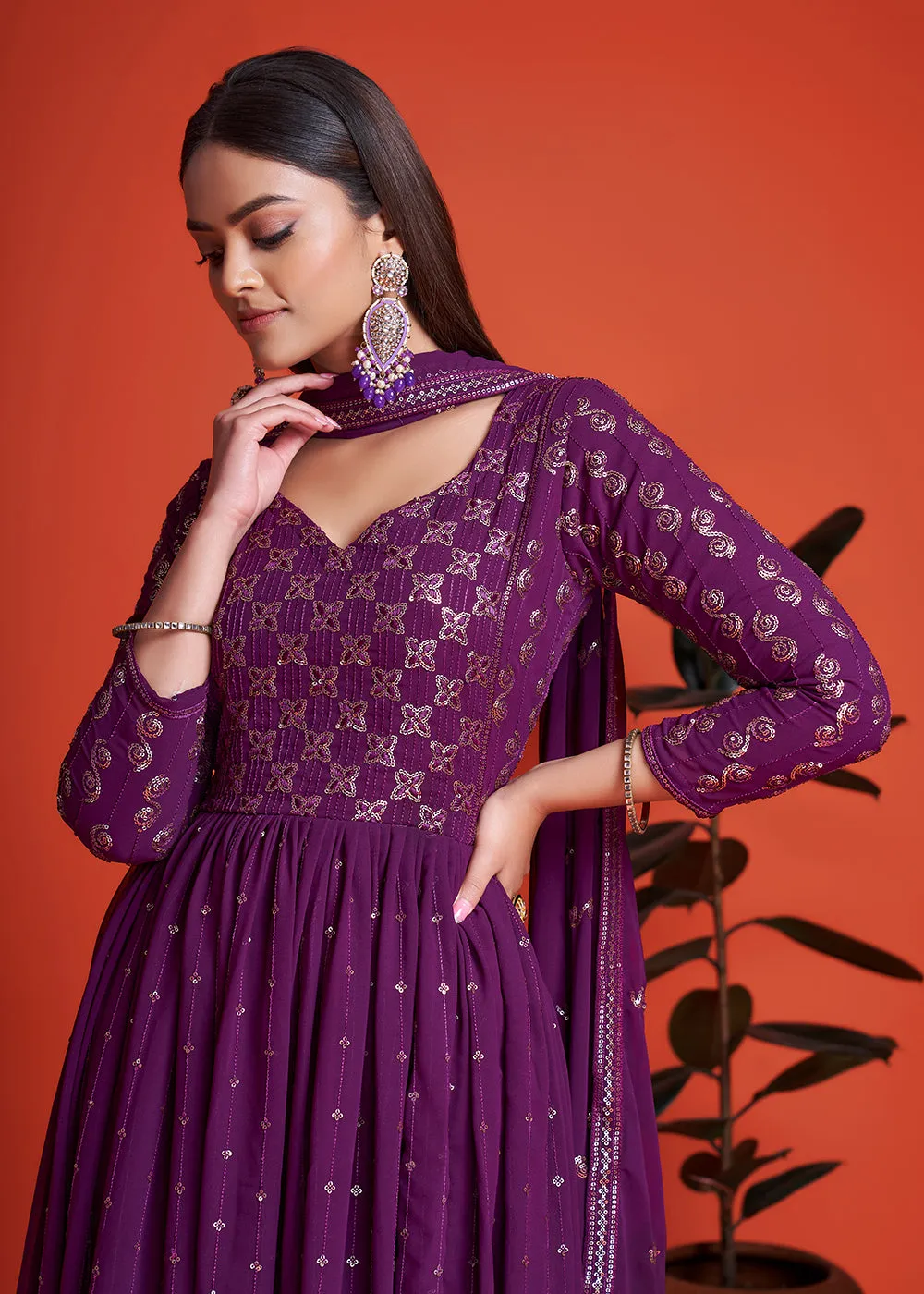 Designer Blooming Georgette Plum Purple Long Anarkali Gown