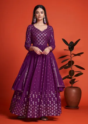 Designer Blooming Georgette Plum Purple Long Anarkali Gown