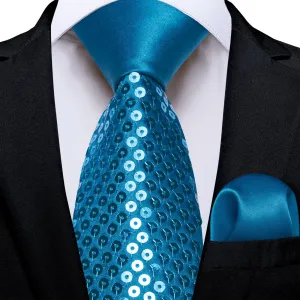 DiBanGu Sequin Tie Steel Blue Solid Mens Dress Tie Pocket Square Set for Fashion