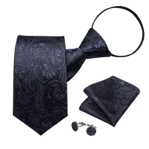 DiBanGu Silk Tie Coal Black Paisley Lazy Easy-pull Mens Dress Tie Set