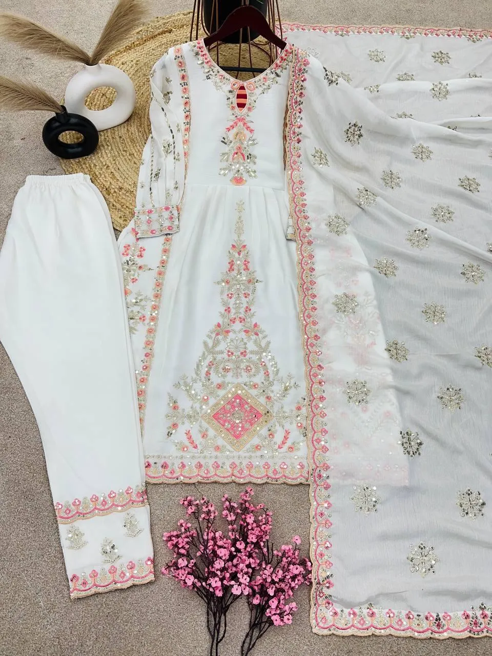 Elegant Pure Chinnon Heavy Embroidery Sequins Work Top-Bottom And Dupatta Set