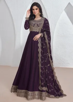 Elegant Purple Embroidered Silk Wedding Anarkali Dress