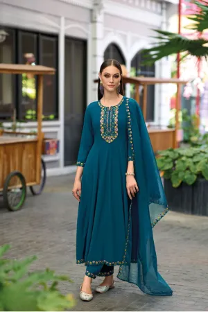 Elegant Teal Blue Color Softy Viscose Salwar  Suits With Embroidery Work For Women