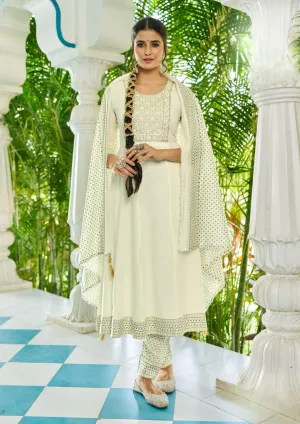 Elegant White Color Rayon Foil Print And Embroidery work Salwar Suits For Women