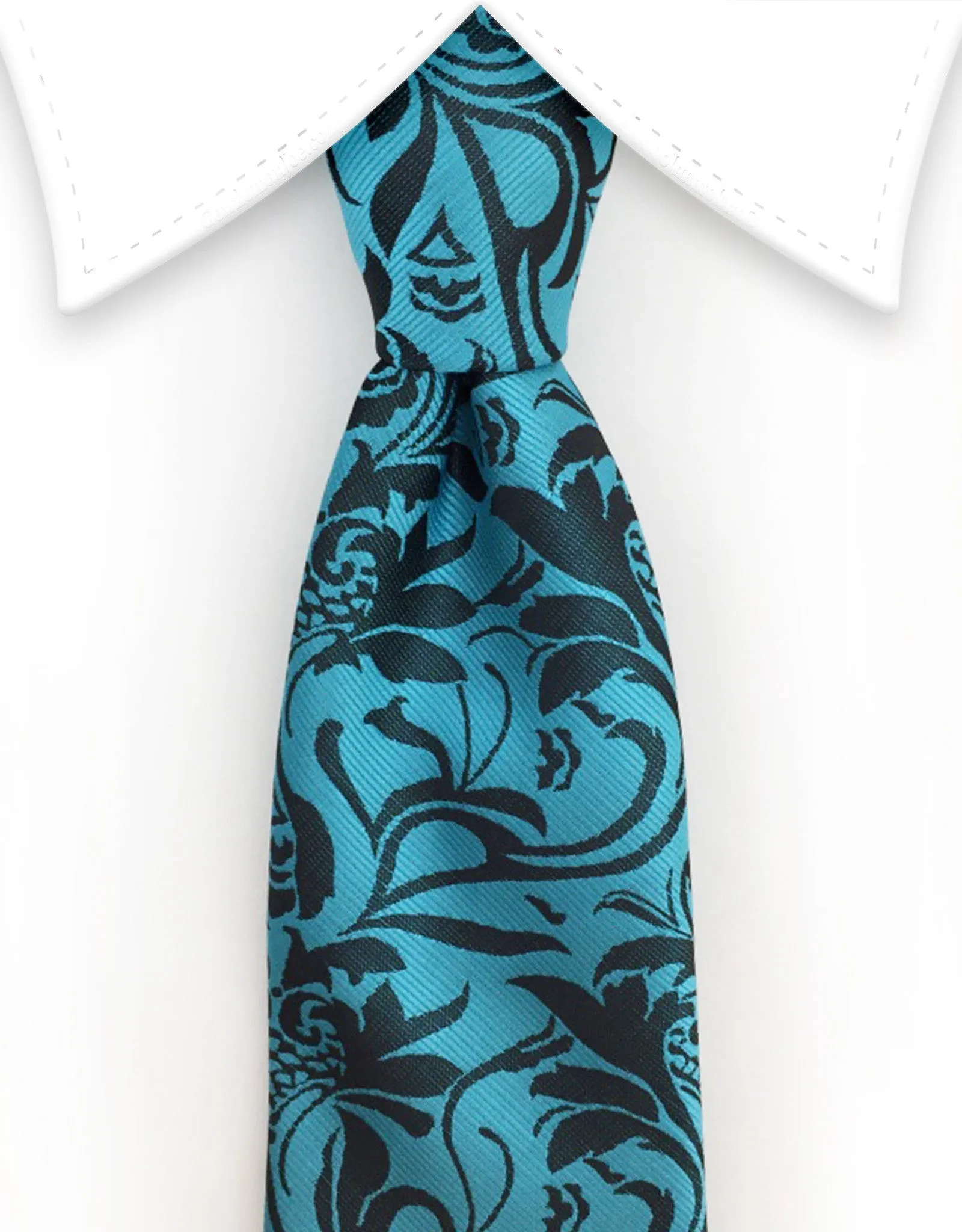 Extra Long Teal Tie with Black Floral Print - 3XL