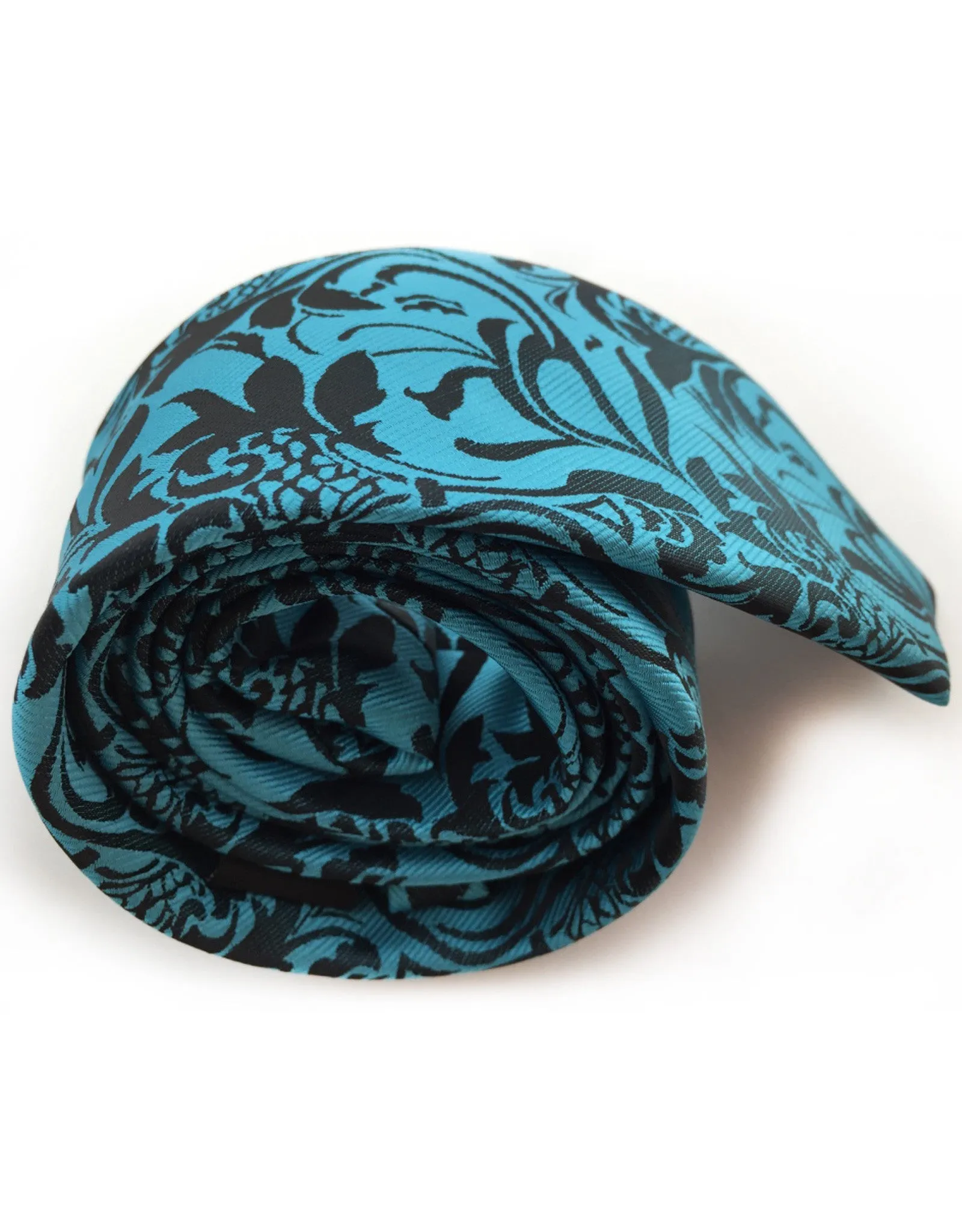 Extra Long Teal Tie with Black Floral Print - 3XL