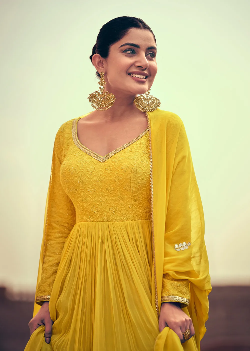 Festive Style Yellow Embroidered Georgette Anarkali Suit