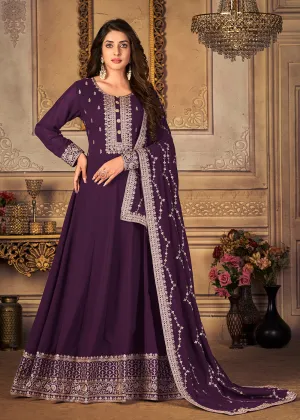 Georgette Plum Purple Embellished Wedding Fest Anarkali Suit