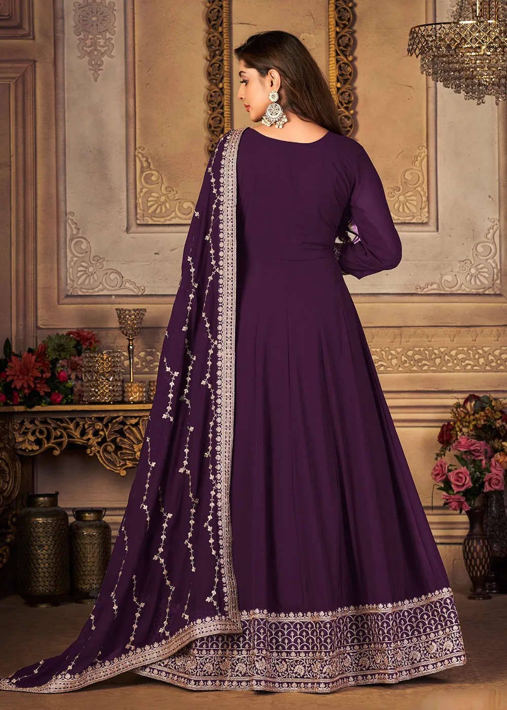 Georgette Plum Purple Embellished Wedding Fest Anarkali Suit