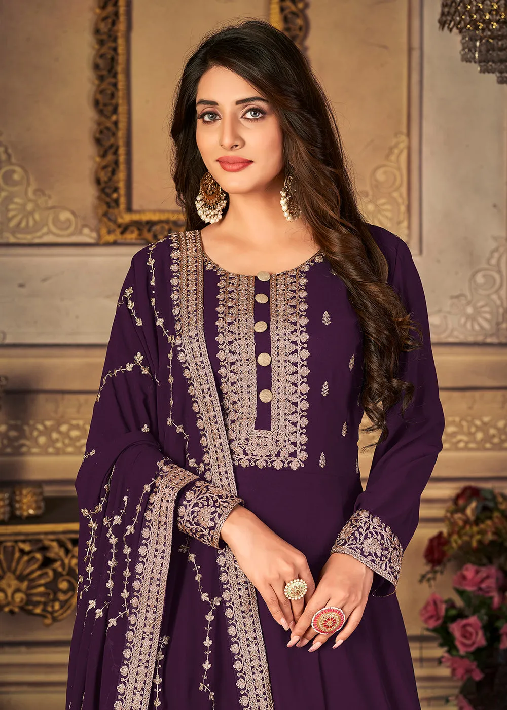 Georgette Plum Purple Embellished Wedding Fest Anarkali Suit