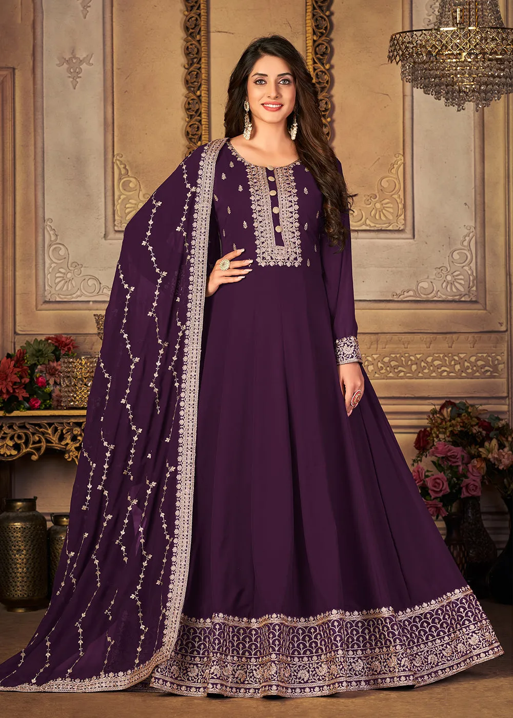 Georgette Plum Purple Embellished Wedding Fest Anarkali Suit